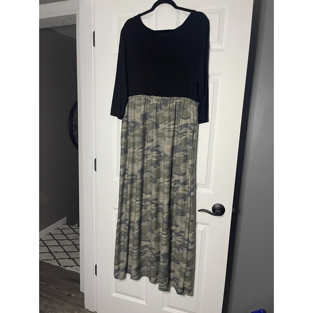 Hemish USA 3/4 sleeve Empire Waist Maxi dress 1xl black Green Camouflage NWT